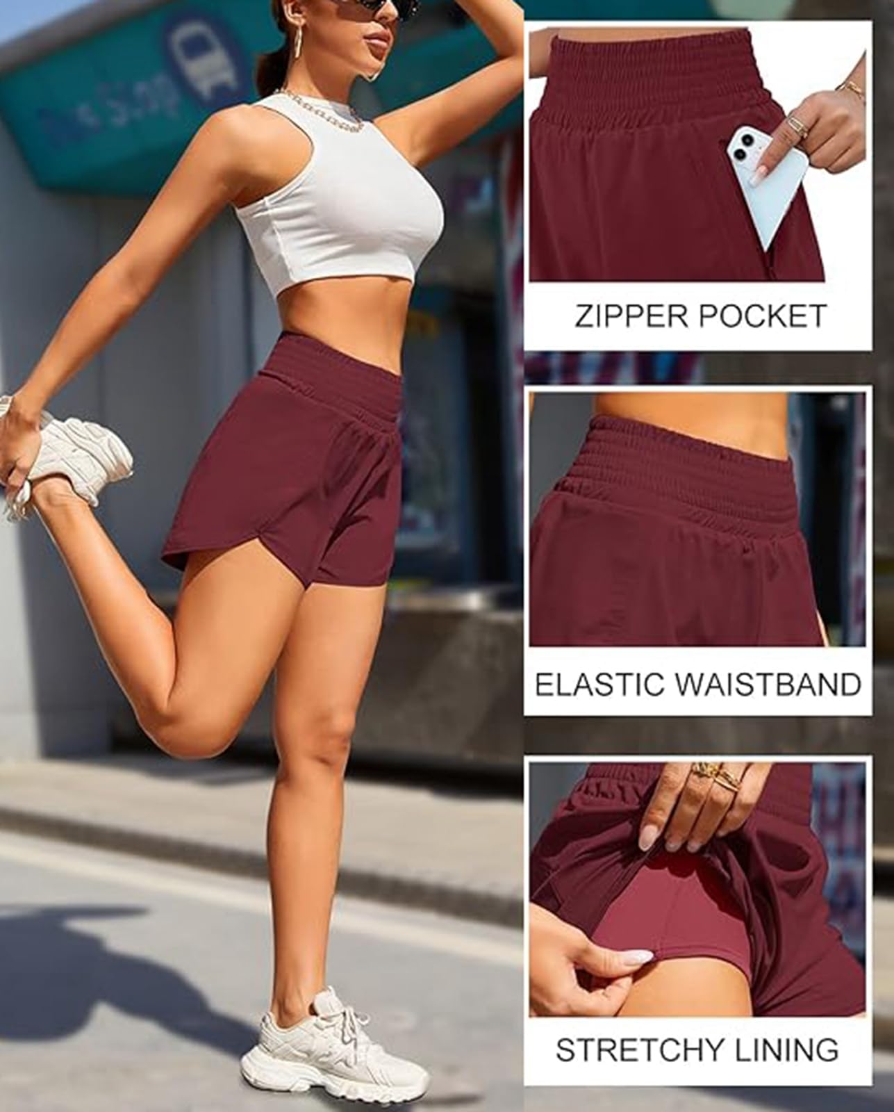 Vuwty Women 2 in 1 Running Shorts High Waisted Quick Dry Athletic Workout Yoga Shorts with Zipper Pockets Gym Short Pants (Wine Red, XXL)