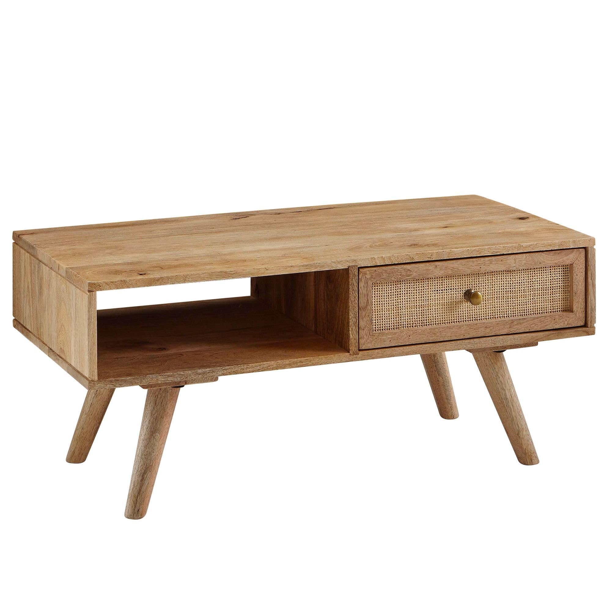 FineBuy Mesa de Centro 90x40x45 cm Mesa de salón de Madera Maciza de Mango Rectangular | Mesa de Madera con Espacio de Almacenamiento | Mesa de Centro con cajón | Mesa de salón Maciza