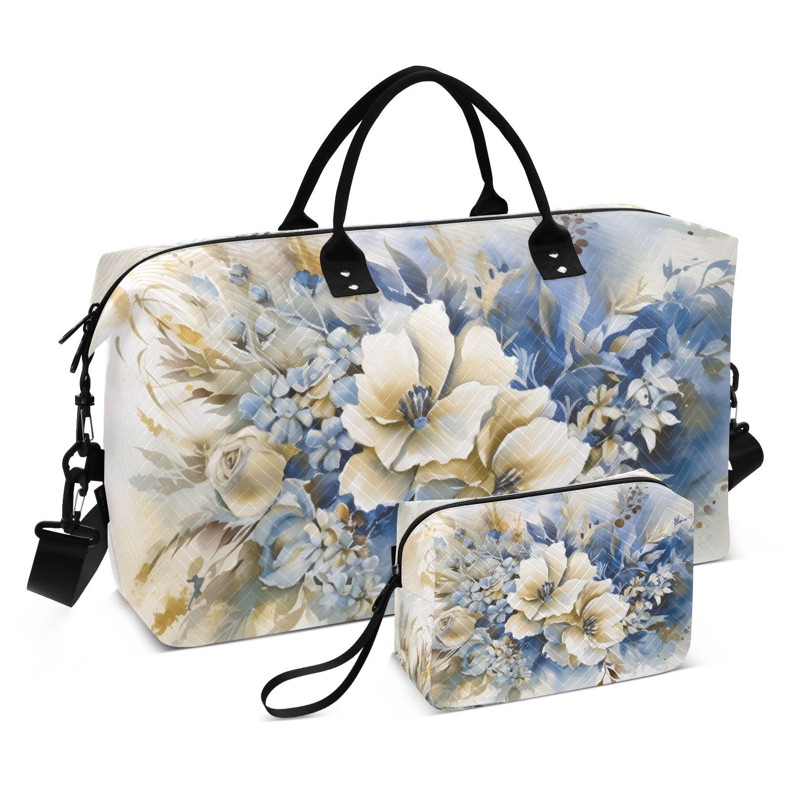 WOIWB Duffel Bag Set with Toiletry Bag for Travel Gym Sport, Luggage Sleeve Weekender Bags Carry on Overnight Bag-Luxury White Flower Print