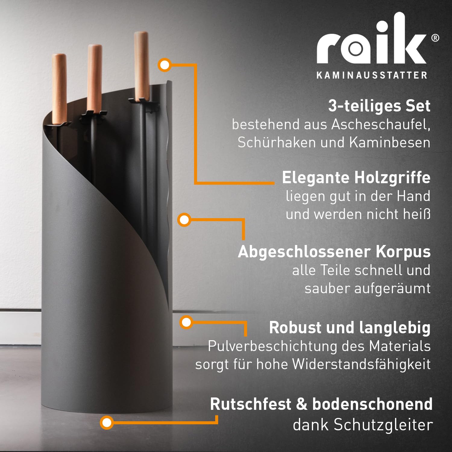 raik Kaminbesteck Otto 3-teilige Kamingarnitur aus Besen Schaufel Schürhaken im Ständer 64 cm Holzgriffe Stahl Grau für Kaminöfen, Feuerstelle, Küchenherd Kaminpflege