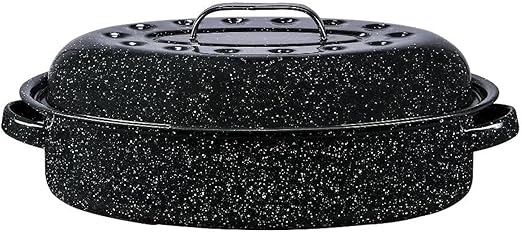 Bovado USA 15.25" Inch 12 lb Capacity Enamel Oval Turkey Roaster Pan + Lid - Thanksgiving Gift, Covered, Non-sticky, Chemical Free, Dishwasher Safe - (14.5 Inch Inner) Rôtissoire (Capacité de 5.45 kg)