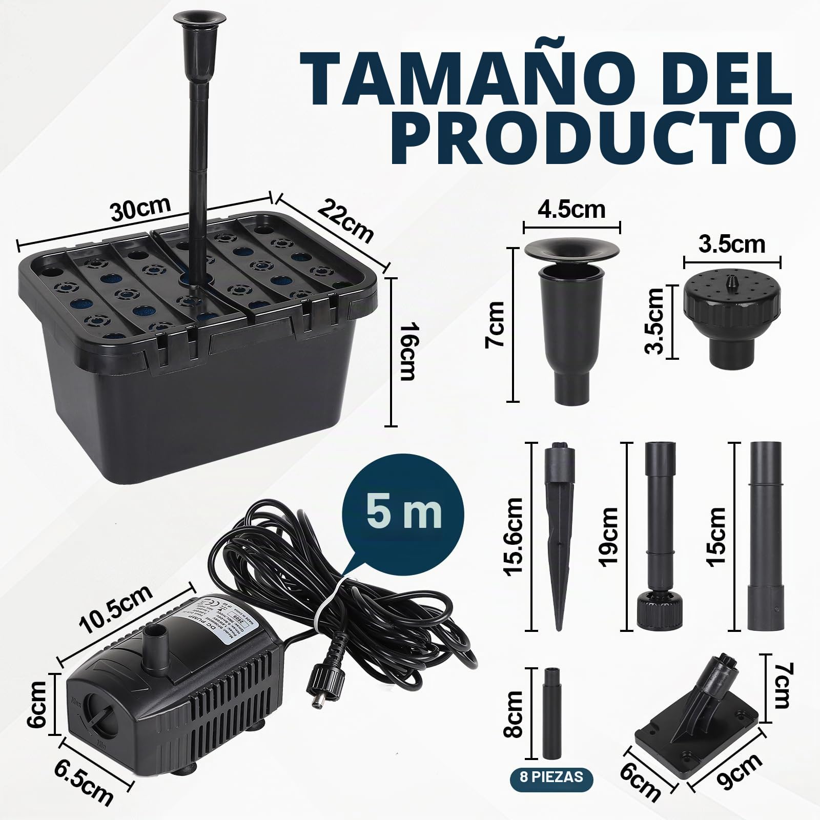 CPROSP Bomba Solar para Estanque Exterior 390/h con 5m Cable con 2 Accesorios para Fuentes