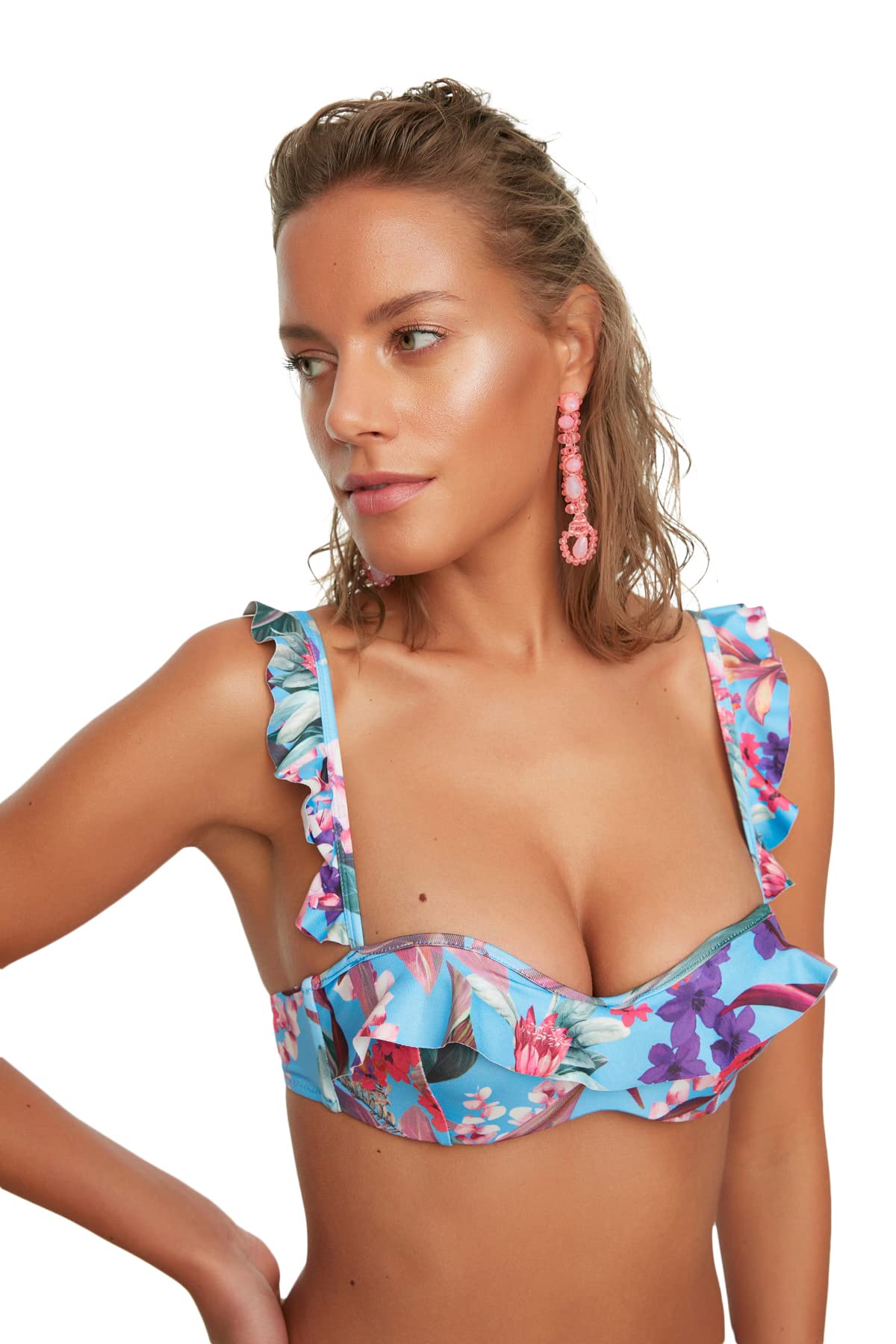 Trendyol Damen Lila Blumenmuster Gefügter Rüschen Balenx Bikini-Top Bikini Top, 40 Eu