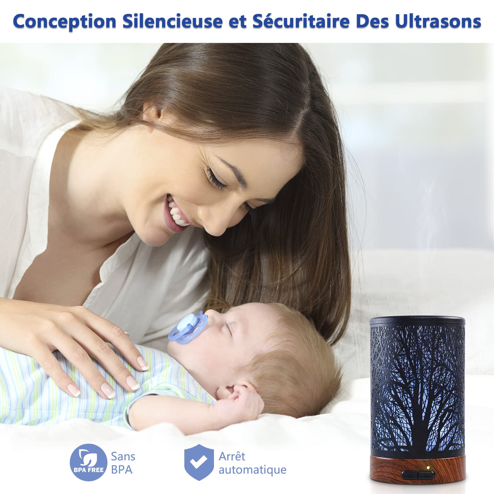 Diffuseur d'Huiles Essentielles Ultrasonique Aromathérapie Electrique en Métal avec 7-Couleurs Changeantes, Minuterie et Arrêt Automatique pour Chambre Salon Spa Yoga Massage - 150ML Arbre