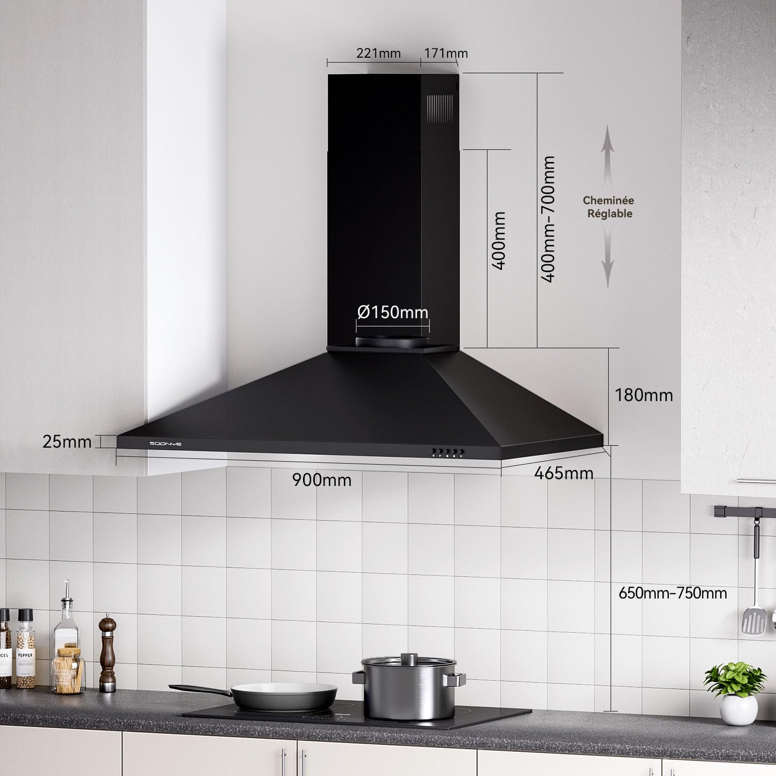 Hotte Aspirante 90 cm Classe A+++, Hotte Cuisine 380m³/h,Évacuation ou Recyclage,Filtre au Charbon Inclus,Cheminée Extensible,Hotte Murale,Noir
