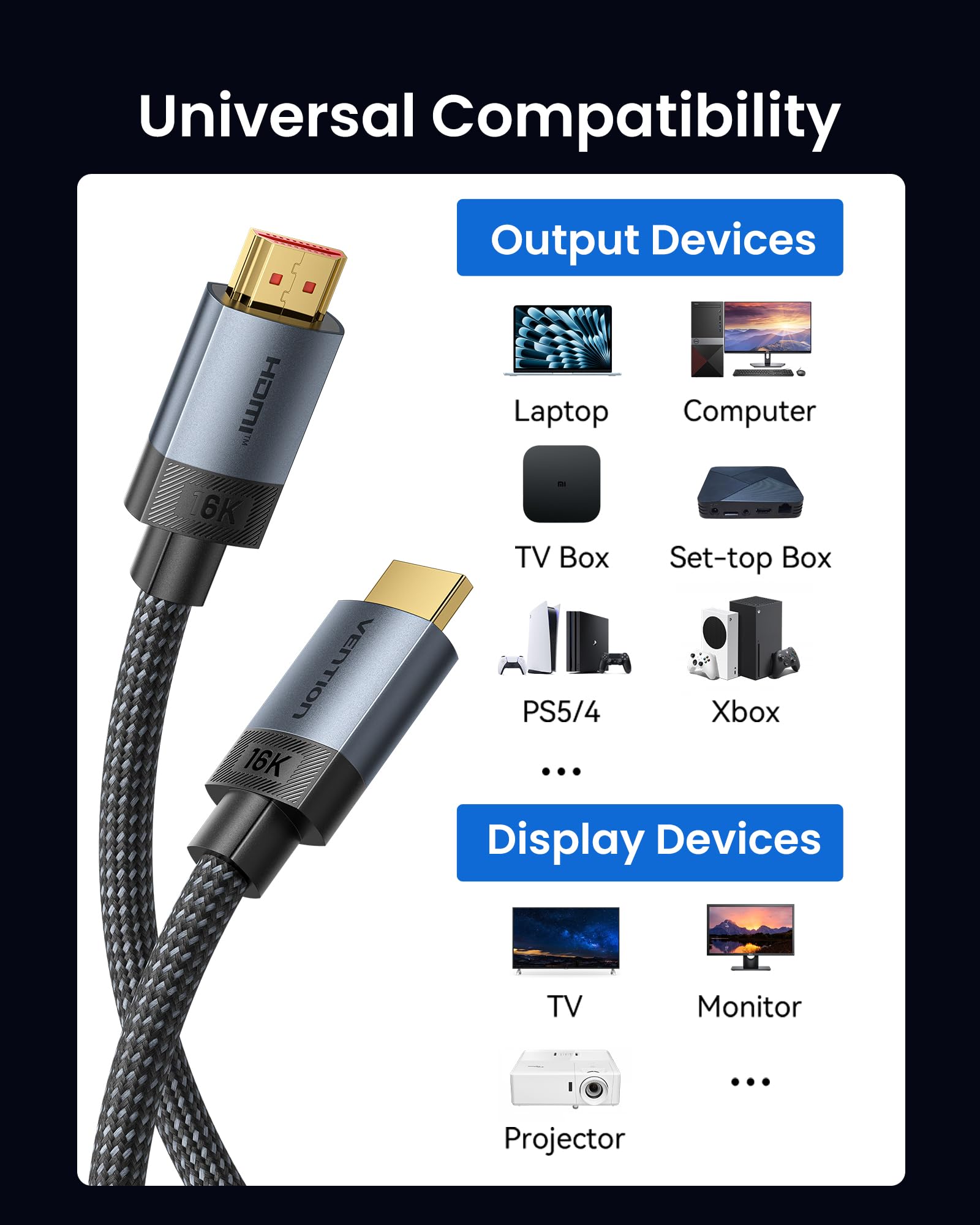 VENTION Kabel HDMI 2.2, 3 m, 96 Gbps, Ultra High Speed 16K, Ultra96 HDMI do soundbara eARC, 8K 120 Hz 4K 240 Hz, do PS5 Xbox, kart graficznych TV monitora