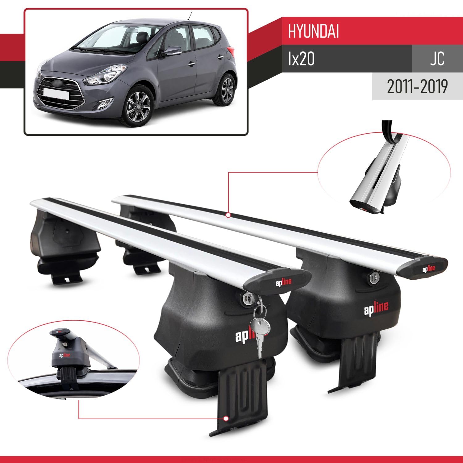 Kompatybilny z Compatible with Hyundai ix20 (JC) 2011-2019 ACE-4 Model Aluminiowy bagażnik dachowy 2 poprzeczki, szary