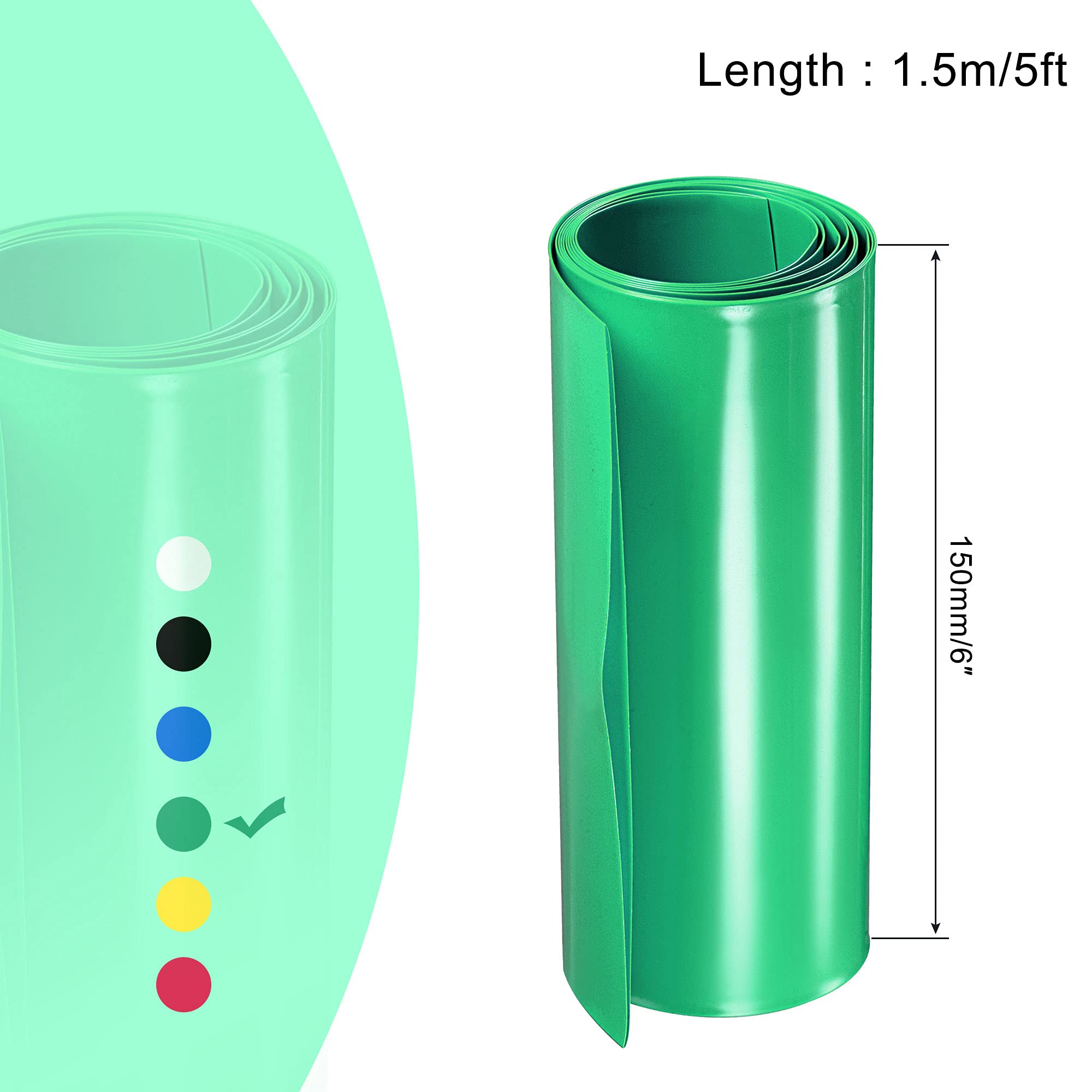 sourcing map 150mm Plat Gaine Thermorétractable PVC Enveloppe Batterie 1.5m Vert Clair