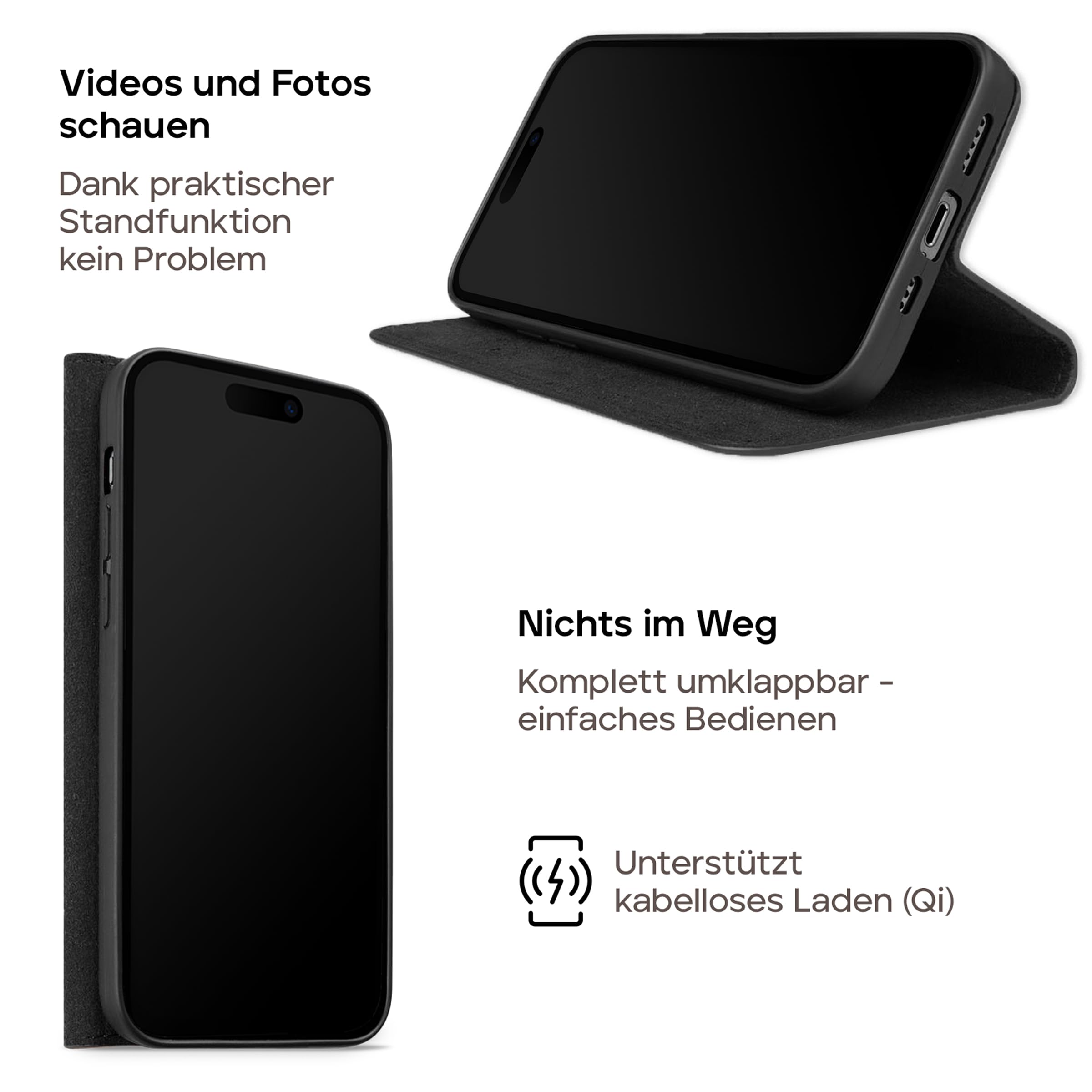 WIIUKA Hülle für iPhone 16 Pro Max, Leder aus Deutschland, mit Kartenfach, extra Dünn, Handyhülle mit Standfunktion, Tasche Vintage Schwarz
