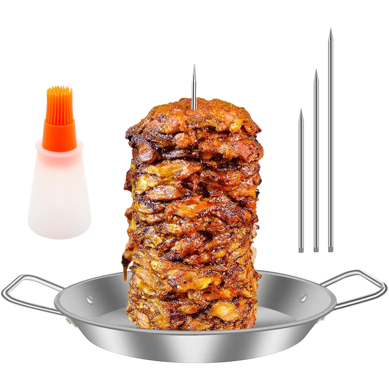 LYDODOKA Pastor Skewer for Grill, Stainless Steel Vertical Skewer with 3 Removable Spikes(8/10/12''), Oil Brush, Brazilian Vertical Spit Stand Vertical Skewer Stand for Tacos Al Pastor Shawarma Kebabs