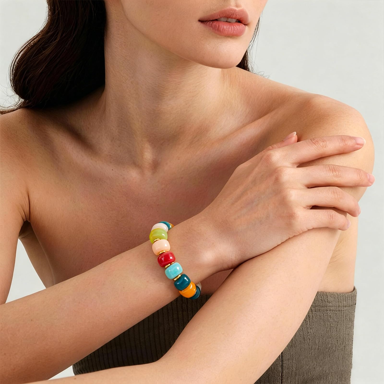 Braccialetto con perline grosse da donna, multicolore, con grandi perline in resina acrilica, elastico e allungabile, braccialetti alla moda e di tendenza, gioielli boho per vacanze estive al mare.