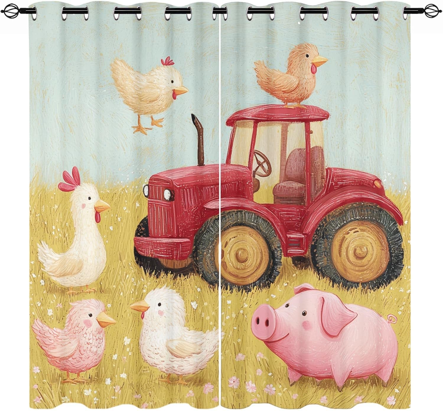 3D Print Blackout Curtains W 46" x L 72" 2 Panels Cartoon Tractor Farm Anti-Fade Privacy Drapes for Girls, Boys Bedroom Cartoon Animals for Living Room Soft Thermal Insulated Eyelet Curtains