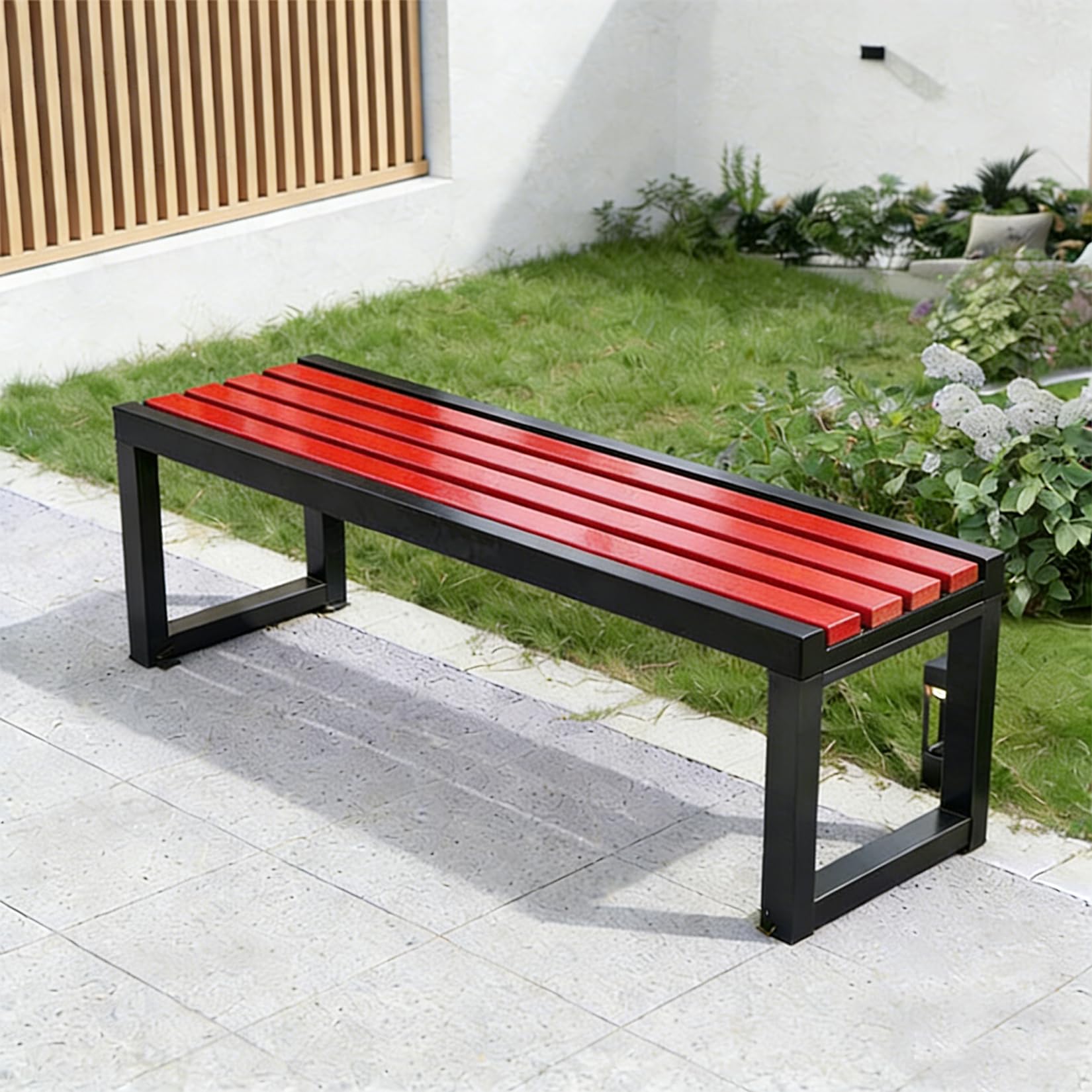 yurstcggh Garden Bench,Weatherproof Outdoor Backless Bench,Slatted Garden Benches,Solid Wood Slatted Seat and Galvanized Frame, Easy to Assemble,Park,Garden, ard,Porch Seating Red 100cm