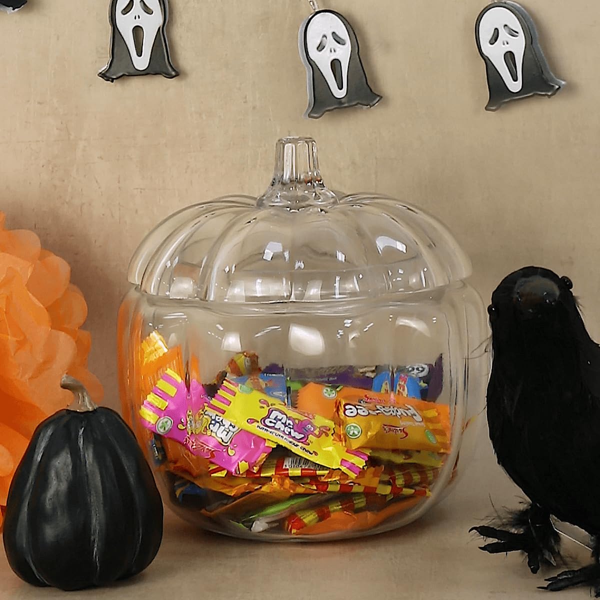 Pumpkin Shape Candy Jar with Lid, Clear Glass Decorative Sweet Jar for Halloween, Wedding, Birthday or Party Centrepiece, Dishwasher Safe Treats Holder 21x21x30cm