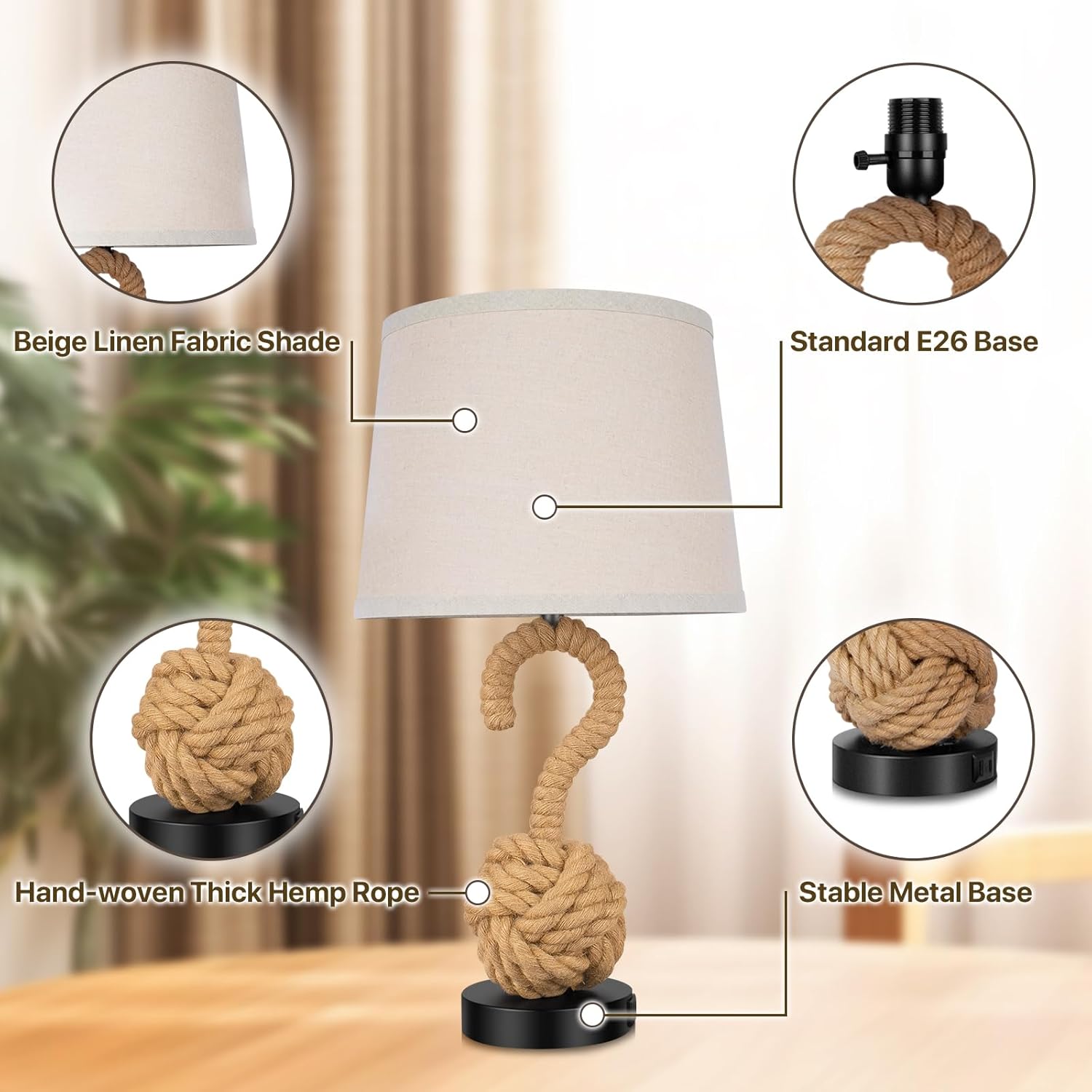 22" Rope Lamp Set of 2, Boho Table lamps for Night Stands, 3-Color Temperatures Rattan Lamp with Rotary Switch USB Ports, Boho Lamps for Bedrooms, Farmhouse Lamps for Living Room, 2 Bulbs Included