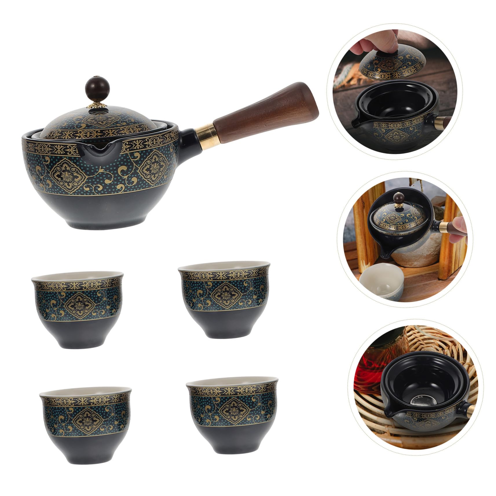 Homoyoyo Tetera Doméstica Giratoria Cerámica 360° Filtro y Asa Lateral Azul Elegante para Infusión de Té en Casa Juego de 1 Tetera y 4 Tazas para Té Tradicional