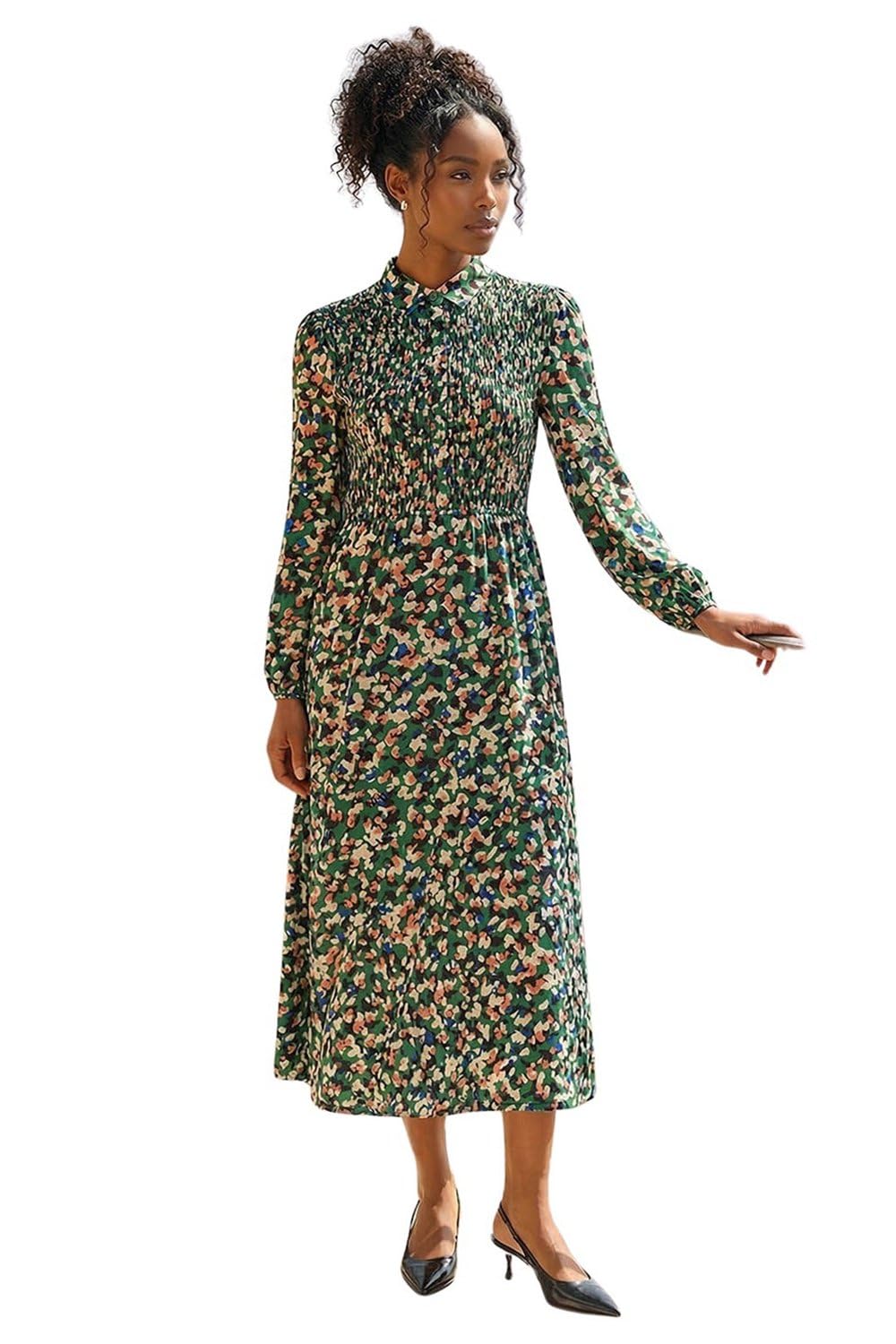Roman Originals Women's Speckled Green Shirt Dress For Uk- Long Sleeve Belted Collared Midi Maxi Winter Autumn Smart Casual Button Through Evening Office A Line Swing Skater - Size 20