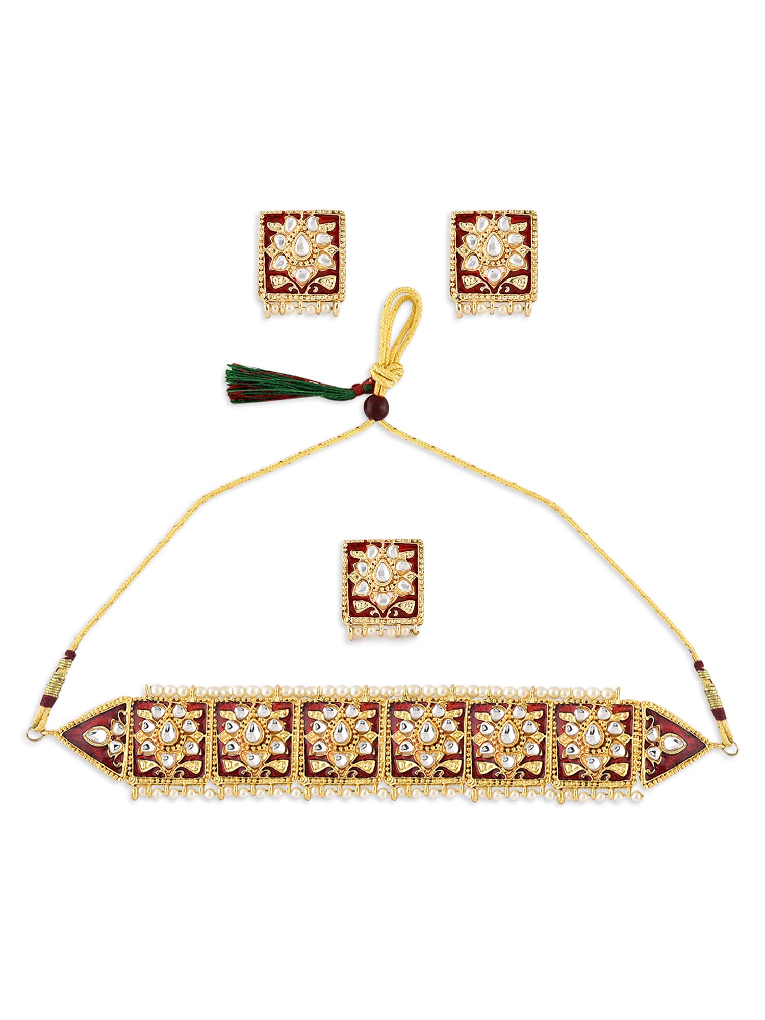 ZAVERI PEARLS Red Meenakari Ethnic Kundan Choker Necklace Earring & Ring Set For Women-ZPFK10790 (B09GN8FGTG) Amazon Price History, Amazon Price Tracker