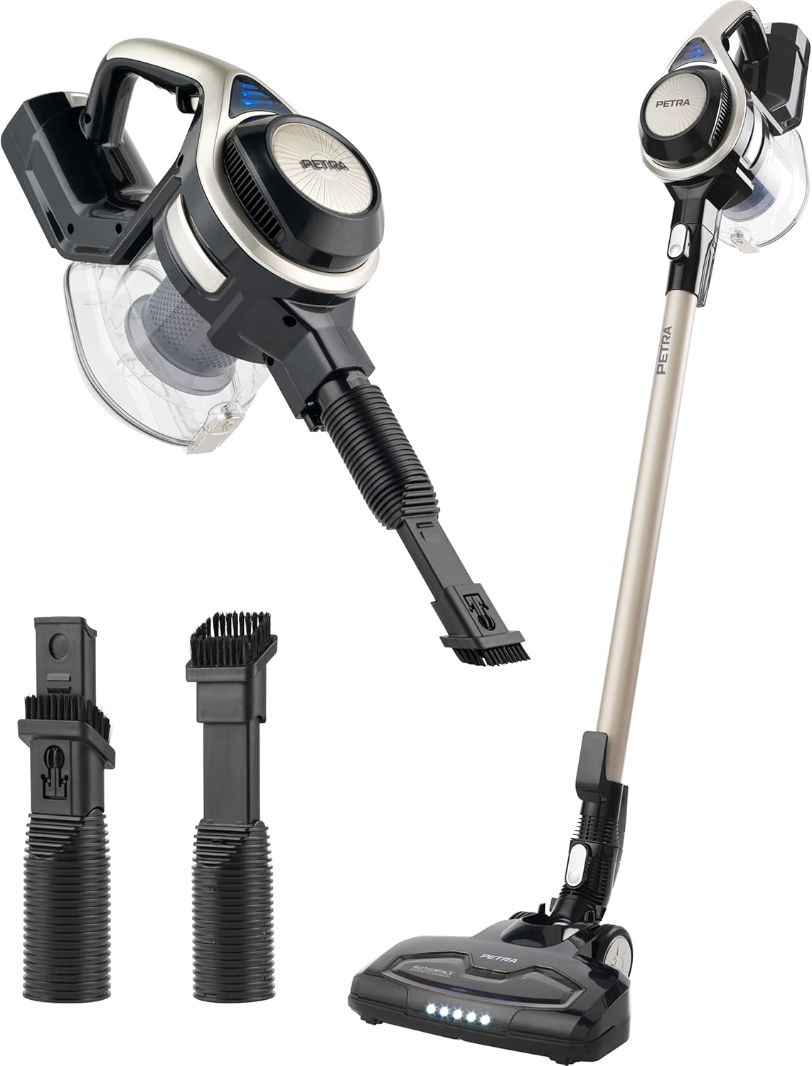 Petra PF0776VDEEU7 Aspirador Múltiple Inalámbrica Potente, Ligero, Uso Vertical, Escoba y de Mano, Cepillo para Quitar Pelo De Mascotas, Filtro HEPA, Depósito de 1,2 l, Sin Cable, 22,2 V, Negro/Plata