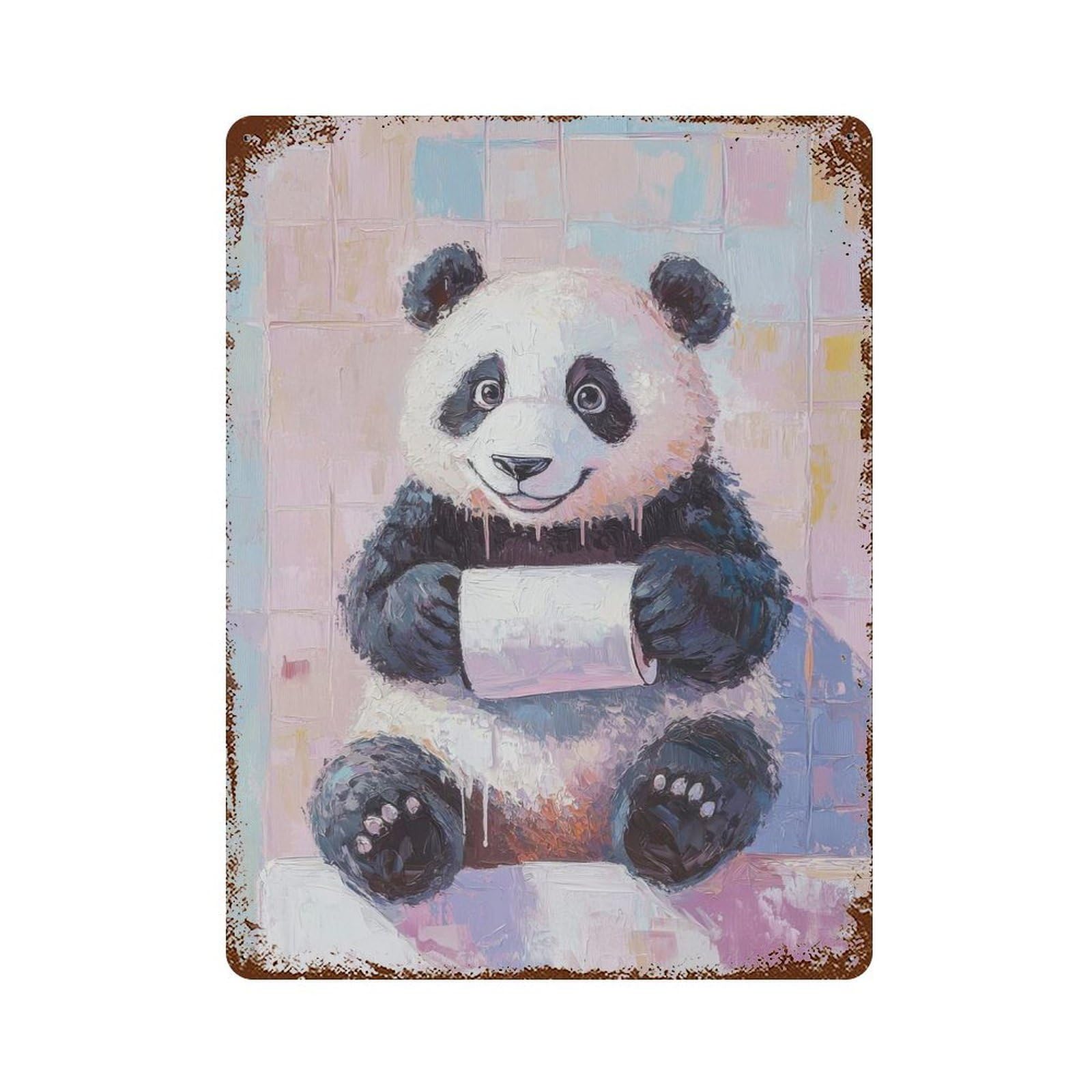 Panda with Toilet Paper Rust Effect Tin Sign 15.7"x11.8", Industrial Home Decor for Garage, Bar And Workshop Decor