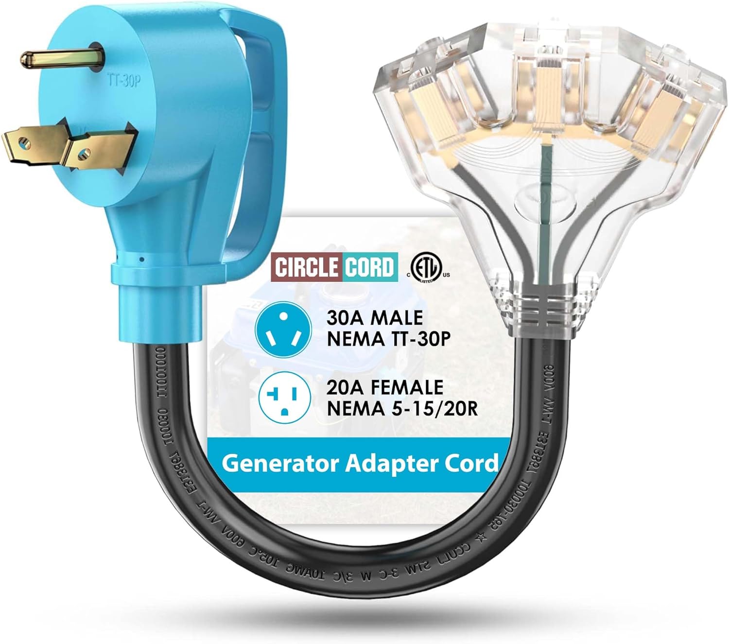 CircleCord 30 Amp to 110V RV/Generator Distribution Adapter Cord, NEMA TT-30P Male to 3X 5-15R/5-20R T-Blade Household Outlet Female with LED Power Indicator 3750W