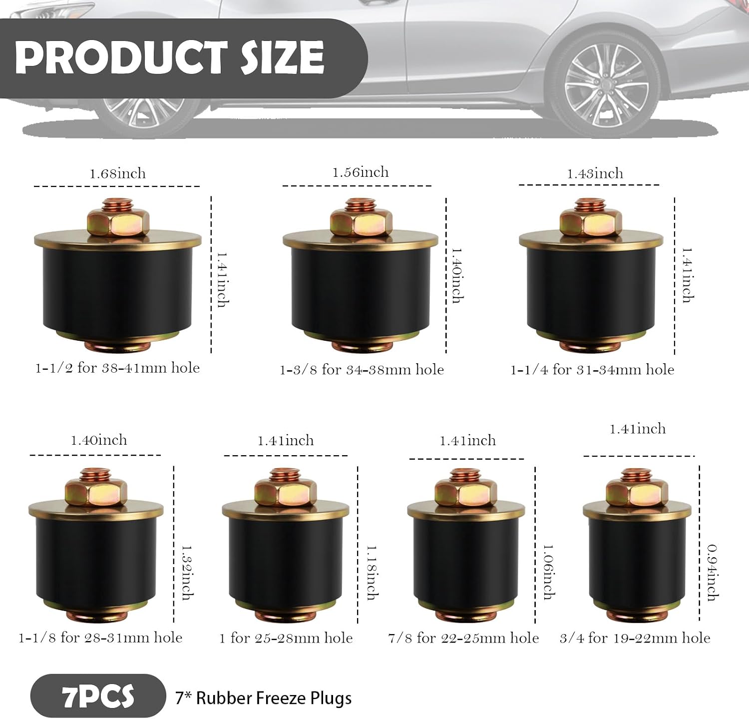 7PCS Rubber Freeze Plugs Kit,7-Size Rubber Freeze Expansion Plug Kit Includes Size 1-1/2",1-3/8",1-1/4",1-1/8",1",7/8",3/4",Freezes Plugs Replacement for ID 19mm-41mm Hole