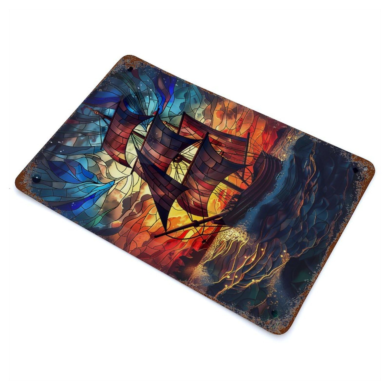 Stained Glass Pirate Ship Rust Effect Tin Sign 11.8"x7.9", Ideal for Farmhouse, Kitchen And Entryway Decor