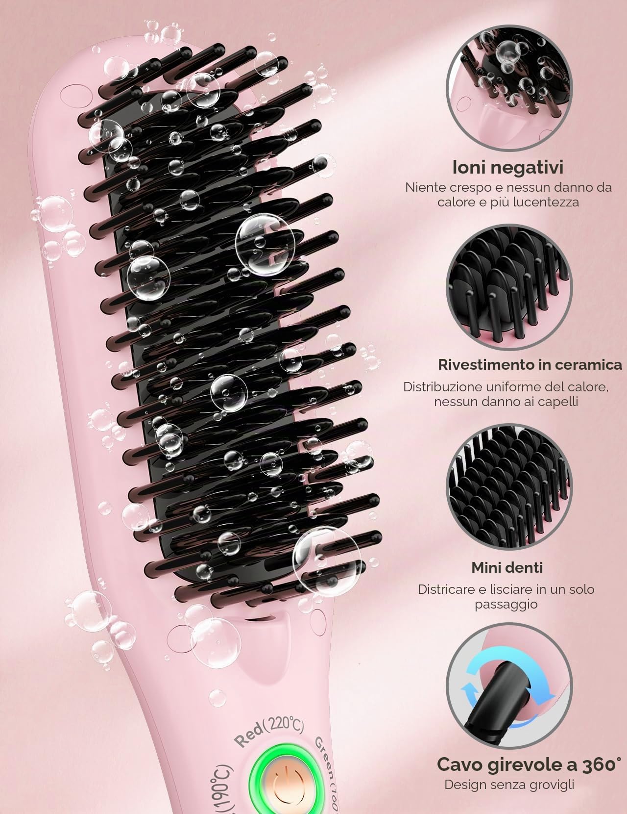 LANDOT Mini spazzola lisciante per capelli: piastra lisciante e spazzola per capelli 2 in 1 per una facile e veloce lisciatura – piccola spazzola lisciante ideale per capelli corti e medi