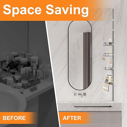 Miniatura 7 de Estante esquinero de tensión para regadera, organizador de barra de tensión, 4 niveles ajustables de piso a techo, estante de ducha sin taladrar