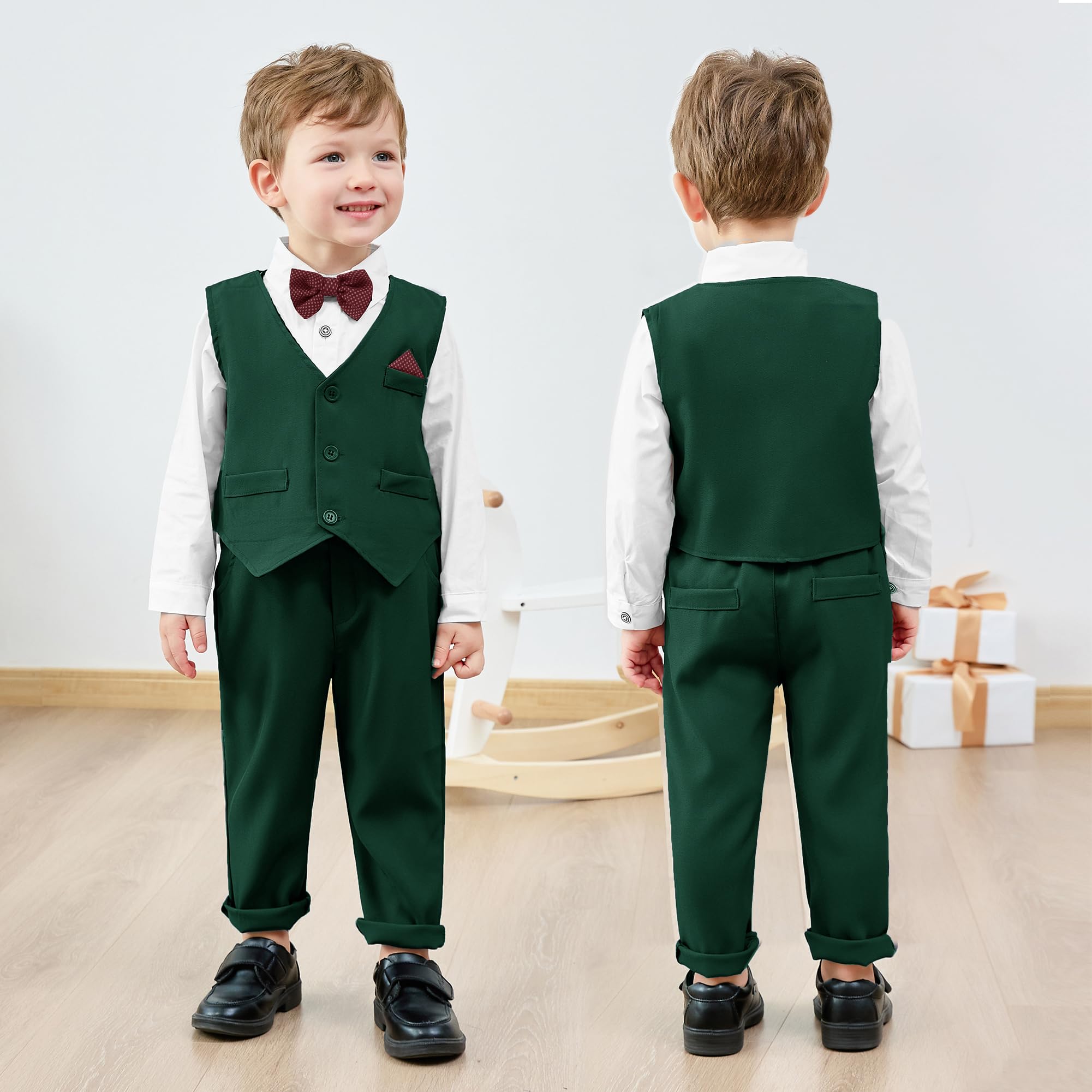 CARETOO Conjunto formal de 5 piezas de ropa para bebé niño pequeño, vestido de boda, camisa, chaleco, pajarita, pantalones con tirantes, 12M-5T