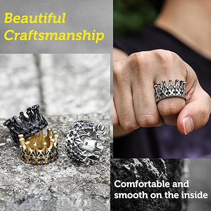 GTHIC Kingdom Crowns Anneaux pour femme homme Punk Queen Knight Anneaux dominateurs or jaune noir argent ton anneaux déclaration bijoux gothiques, taille 7-13, Métal non précieux