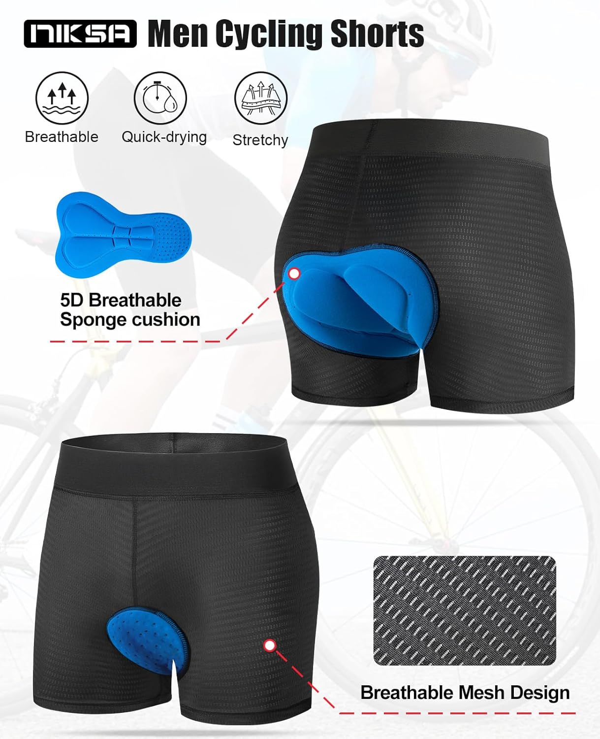 Niksa Cycling Underwear Men Absorbent, 5D Padded Gel Bike Shorts Men, Breathable Bike Liner Shorts for Mountain Biking - Image 3
