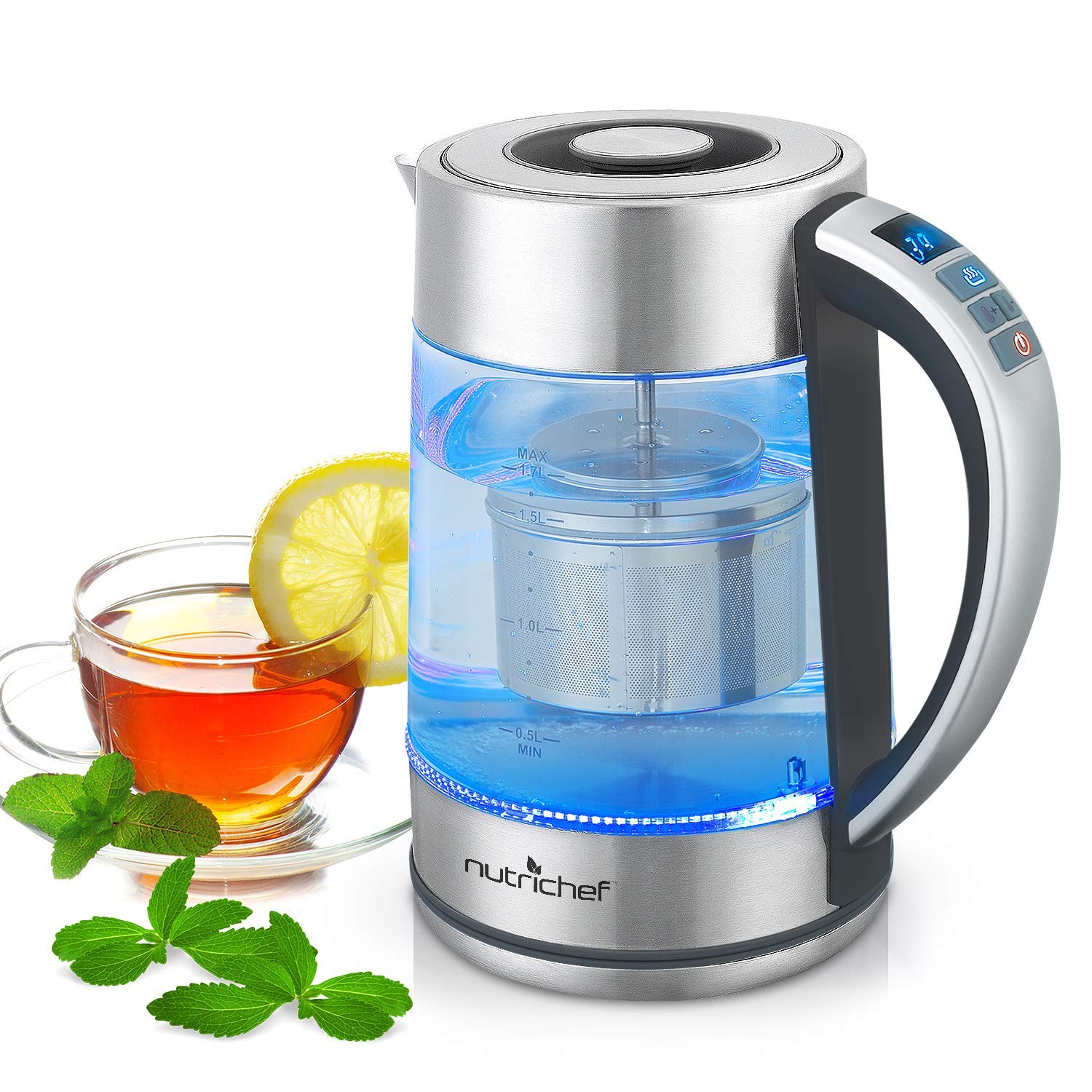nutrichef Hot Water Boiler Glass Kettle - Digital 1.7L Portable Easy Pour Teapot Coffee Brewer Stainless Steel Inner Filter, Adjustable Temperature Control, 60 Mins Keep Warm Function PKWTK75