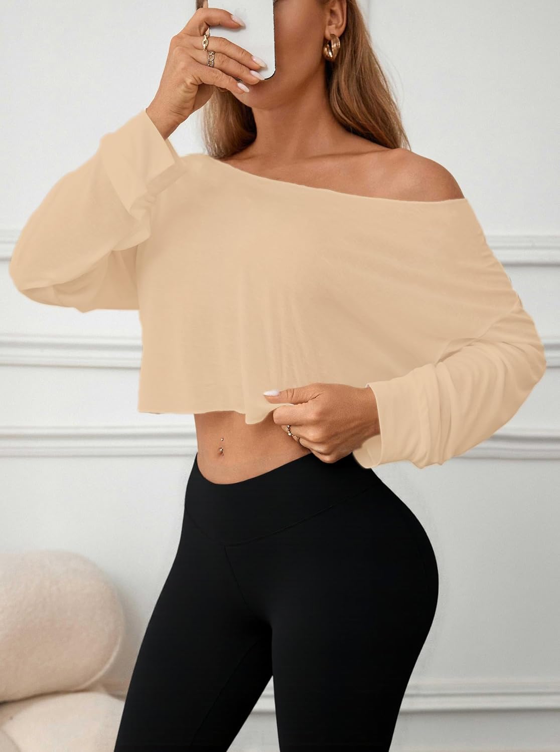 Women's Off Shoulder Mesh Crop Top Sheer See Through Long Sleeve Sexy Casual Outfit for Spring Fall - Image 4