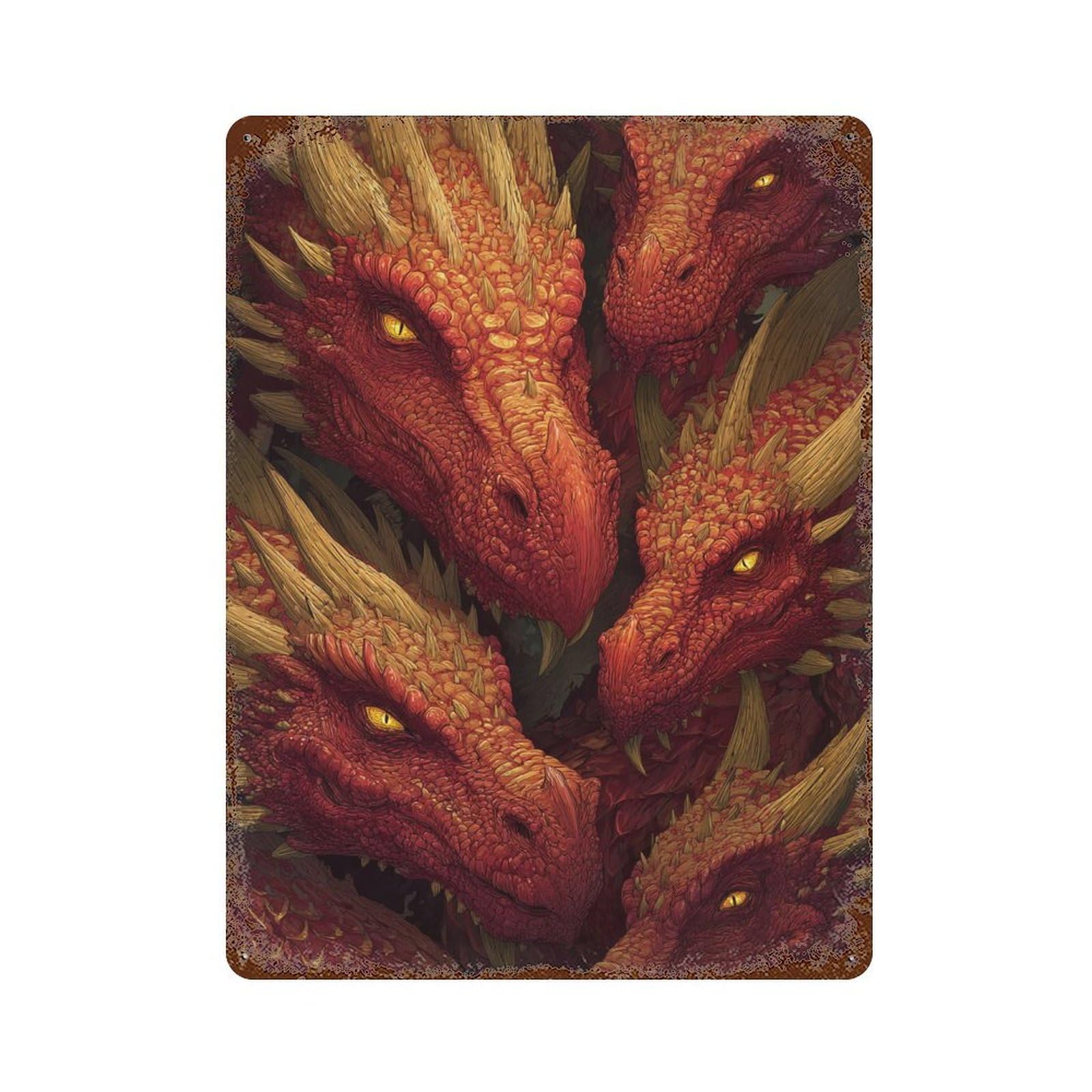 Rustic Tin Plaque Dragon Heads Fantasy Artwork 15.7"x11.8", Vintage Wall Decor for Pub, Kitchen And Man Cave Decor