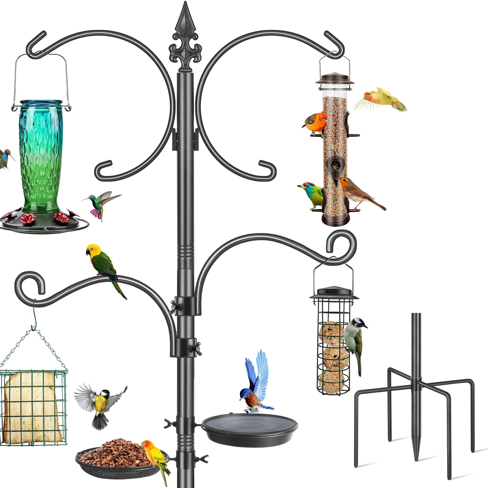 Vogelfutterstation, 190 cm, robuster Vogelfutterstangenständer für draußen, zum Aufhängen im Freien, Wildvogelfutterstation mit 4 Haken, Vogeltränke, Netzschale, 1 Stück