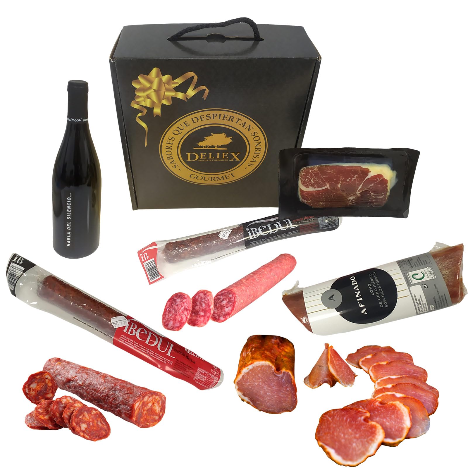 Deliex delicias de Extremadura. Lote de ibéricos con vino Habla del Silencio. Cesta regalo con jamón, embutidos ibéricos y vino.