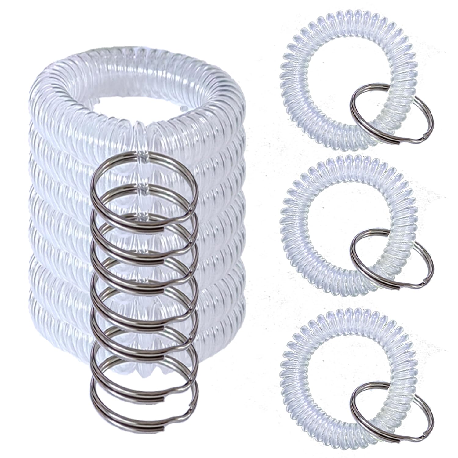 Smanzu 10 Pieces Colorful Wrist Coil Keychain Wristband Spiral Key Ring Bracelet Key Holder for Pool Gym ID Badge(Clear White)