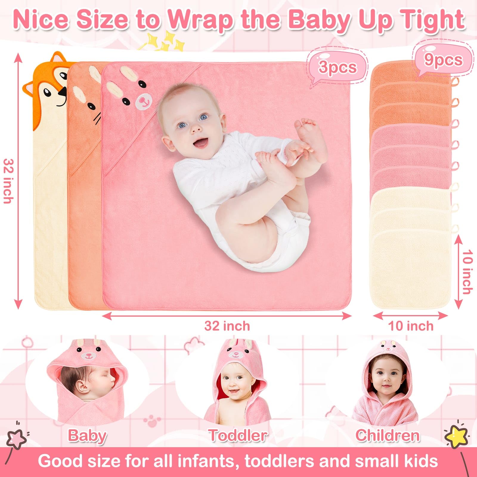 Sublaga 78,9 x 78,9 cm Baby-Kapuzenhandtücher, 9-teiliges Bad für Mädchen, Waschlappen-Set mit niedlichem Design, Duschtuch, Geschenk für Neugeborene, Säuglinge und Kleinkinder