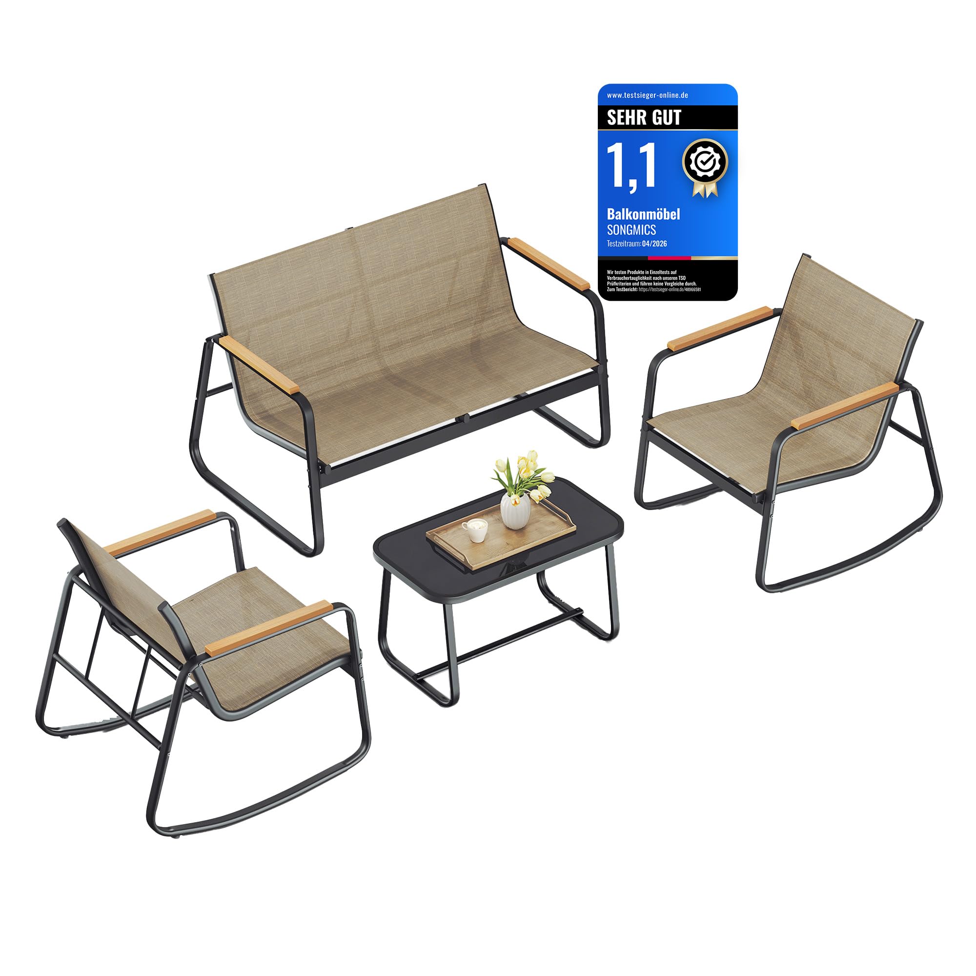 SONGMICS Gartenmöbel-Set, Balkonmöbel, 2 Schaukelstühle mit Tisch, Gartenbank, Stahl, Terrassenmöbel, mit Armlehnen, atmungsaktives Kunstfasergewebe, Terrasse, Garten, gelbbraun GGF0028BKZ01