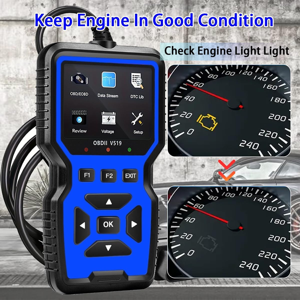 OnRetul V519 scanner showing a dashboard with a check engine light on and then off