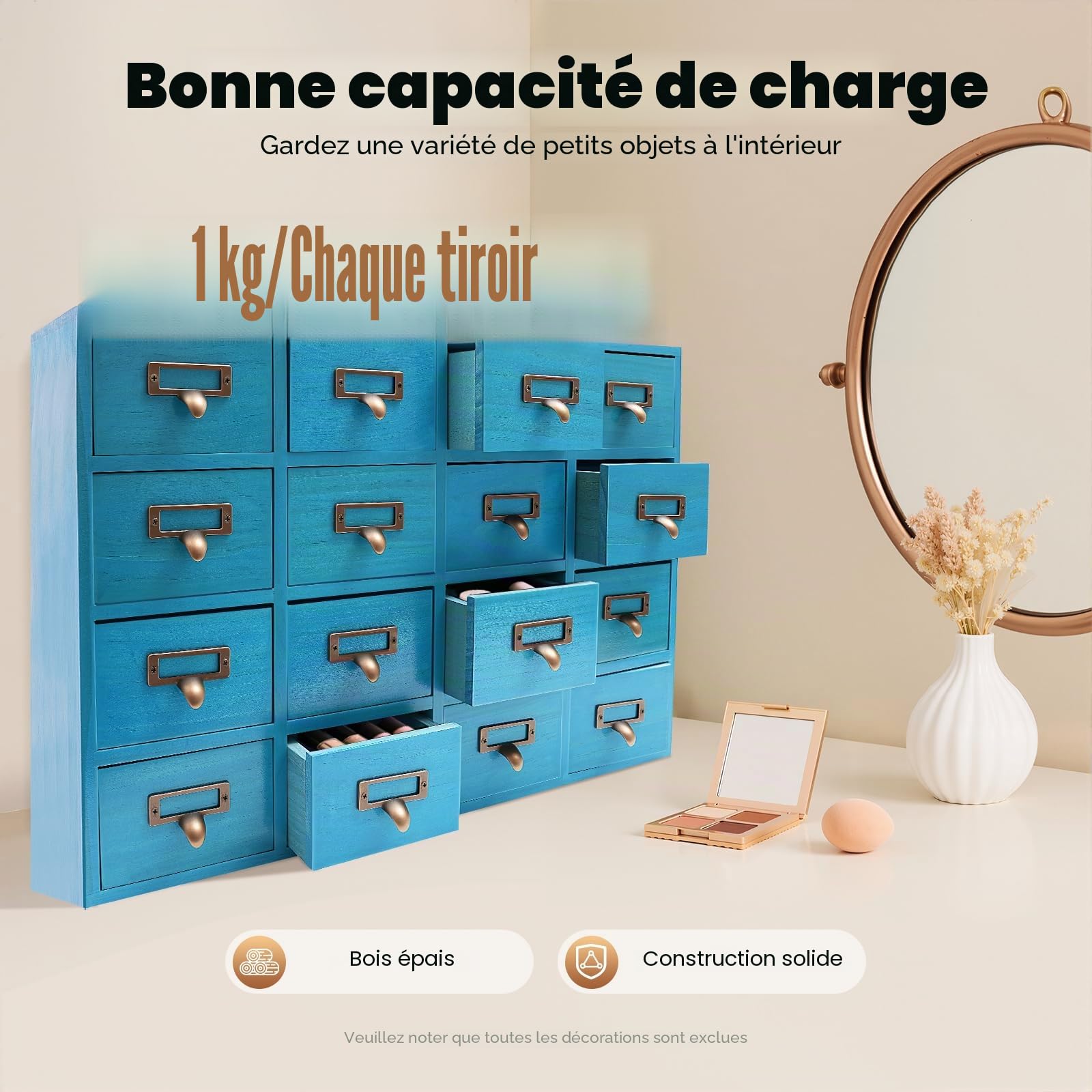 Armoire d'apothicaire à 16 tiroirs - Commode en tissu - Commode de chambre à coucher - Tiroir en bois - Boîte de rangement - Pour la maison, le bureau, l'organisation et le rangement