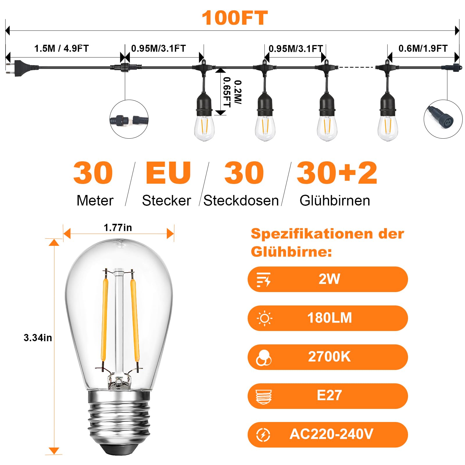 BRIMAX 30m LED Lichterkette Außen mit 30+2 E27 Glühbirnen 2700K Warmweiß | 2W Pro Bulb, AC 220-240V, IP44 Wasserdicht, für Garten Party Hochzeit Camping Outdoor