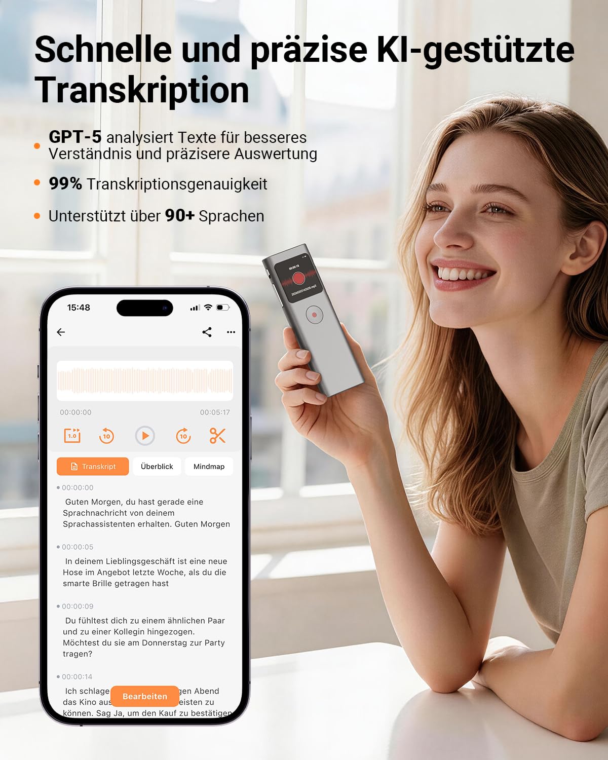 KI Digitales Diktiergerät, Transkribieren und Zusammenfassen, Sprachaktivierte Aufnahme mit Playback, 90+ Sprachen, 64 GB Speicher, One-Touch-Aufnahme, Für Vortrag/Interviews/Klassen