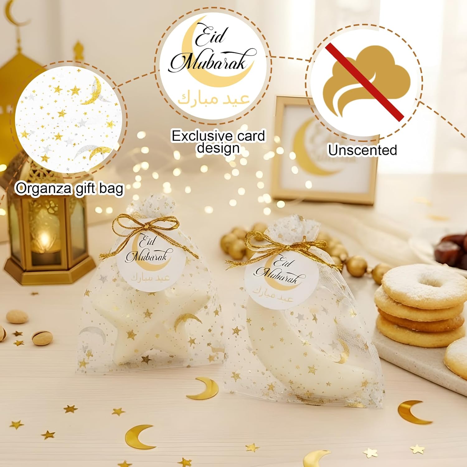 24 Sets Ramadan Gift Moon Star Soaps Handmade Eid Mubarak Party Favors Gifts Bulk with Organza Bags and Hang Tag Card for Islamic Muslim Eid Festival Baby Shower Wedding Birthday Party Favors - Image 3
