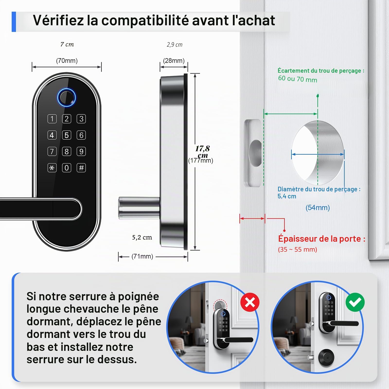 Serrure intelligente à empreinte digitale sans clé avec poignée et clavier : serrure numérique électronique/électrique avec code/code passe, bouton de porte biométrique pour porte d'entrée, chambre à