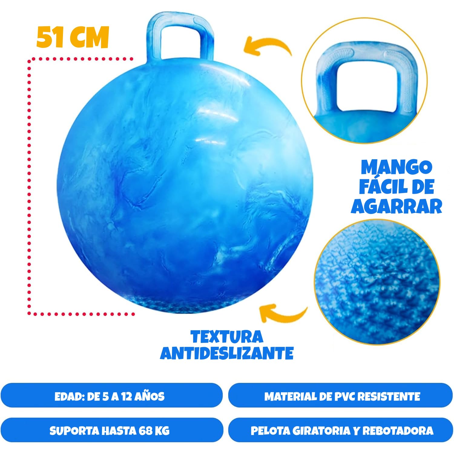 Bedwina Pelota saltarina niños – Pelota de 50,1 cm con asa y Bomba, Juguete Inflable Duradero y Seguro para Saltar y Jugar en Interiores y Exteriores