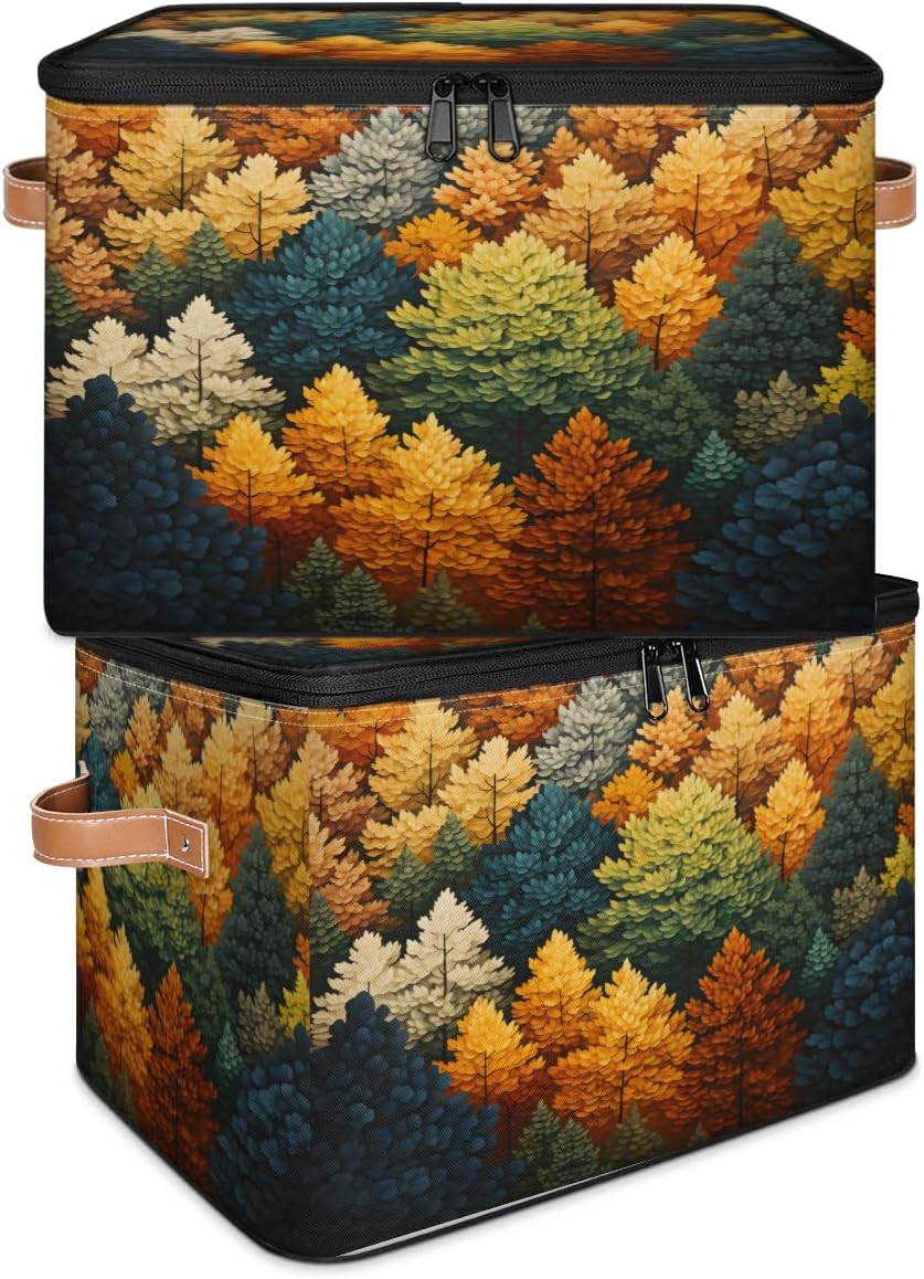 Storage Bin Set of 2 Colorful Forest Storage Basket with Zipper Lid & Handle Foldable Closet Shelf 2 Pack Cloth Organizer Basket Cube Bins Clothes Organizer for Bedroom, Nursery