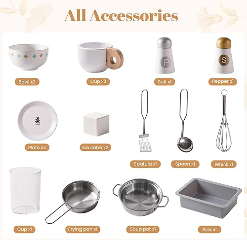 Miniatura 4 de ROBUD Juego de cocina de madera, cocina de esquina de juego de simulación, juego de cocina para niños con luces y sonidos, cocina de juguete