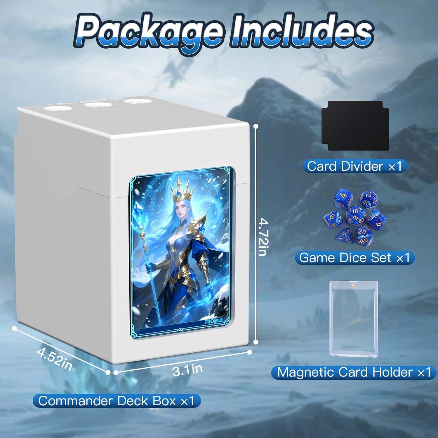 Proijeut Mtg Deck Box with Life Counter, Commander Deck Box Fits 100 Double-Sleeved Cards, Magic Card Storage Box with Commander Display & Dice Tray, Fit for MTG, TCG, CCG (White)